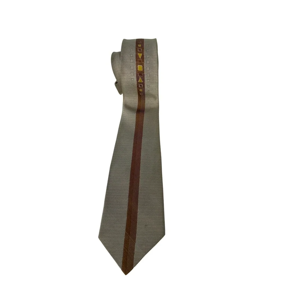 Dunhill by Stratford Mens Vintage Tan Brown Geometric‎ Embroidered Skinny Tie